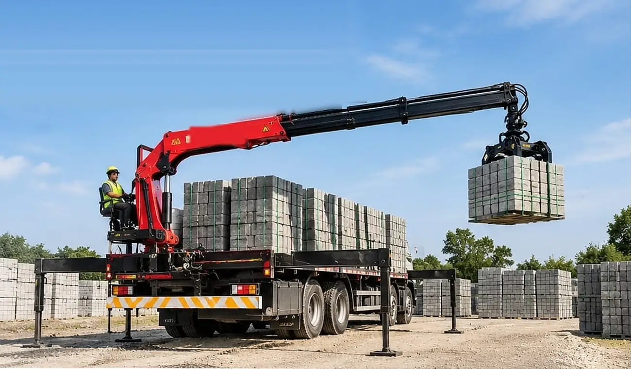Truck-mounted crane lifting a pallet of blocks