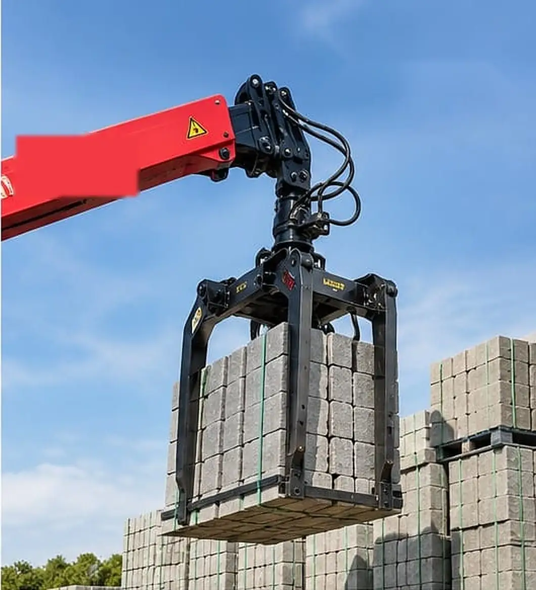 Crane grab holding a strapped pallet of blocks