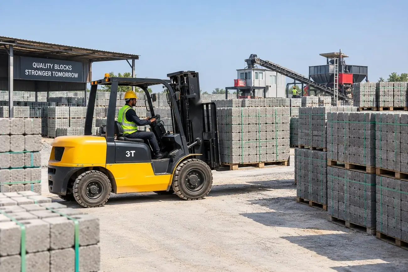 Forklift moving a pallet of blocks in the yard
