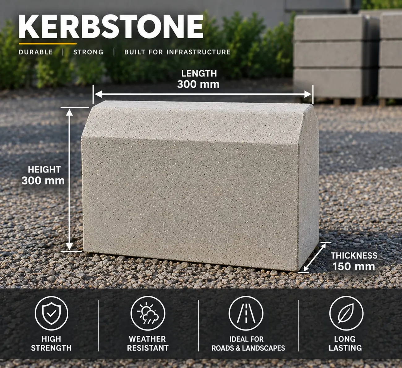 Kerbstone, 300 mm long, 300 mm high and 150 mm thick